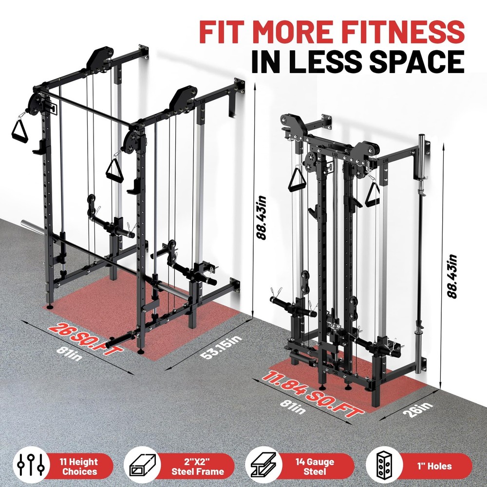 Garvee Folding Squat Rack Wall Mounted Power Rack W/ Pulley System & Pull Up Bar