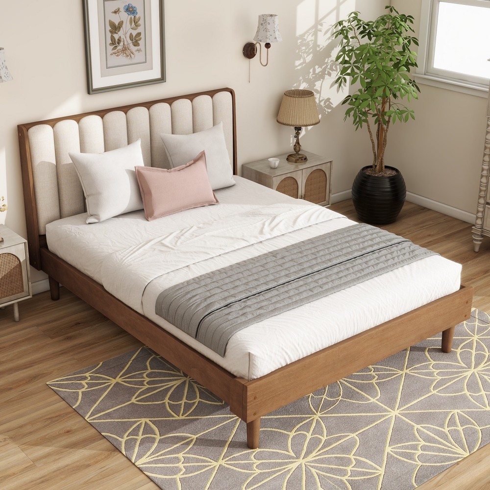 Queen/King Size Solid Wood Platform Bed Frame w/ Upholstered Headboard Wheat