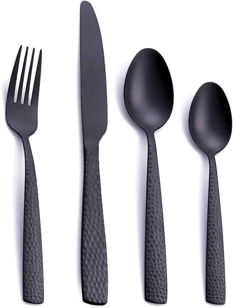 Matte Bla Sierware Flatware,  Stainl Steel Hmered