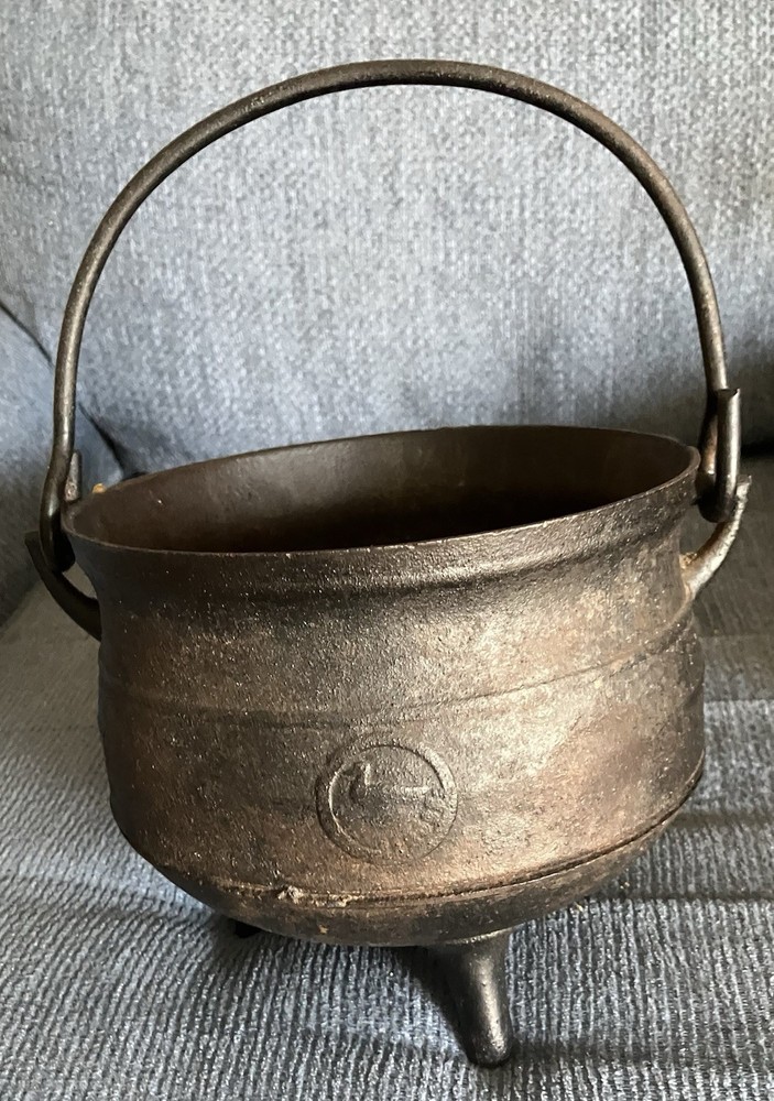 Vintage Cast Iron Cauldron Kettle With Embossed Duck Symbol