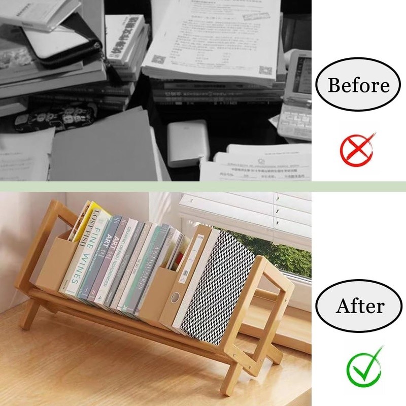 Bamboo Leaning Shelf Multi-Function Book Storage Organizer Easy Install Durable