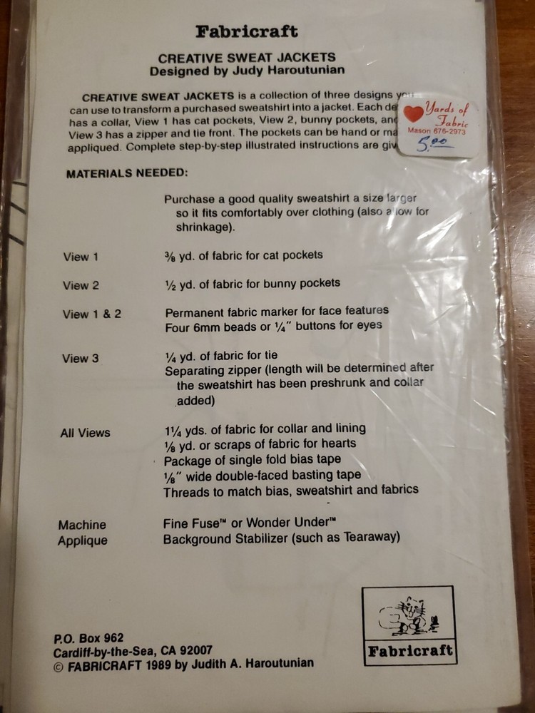 Fabricraft Creative Sweat Jackets Collar Applique Pattern Craft Kit