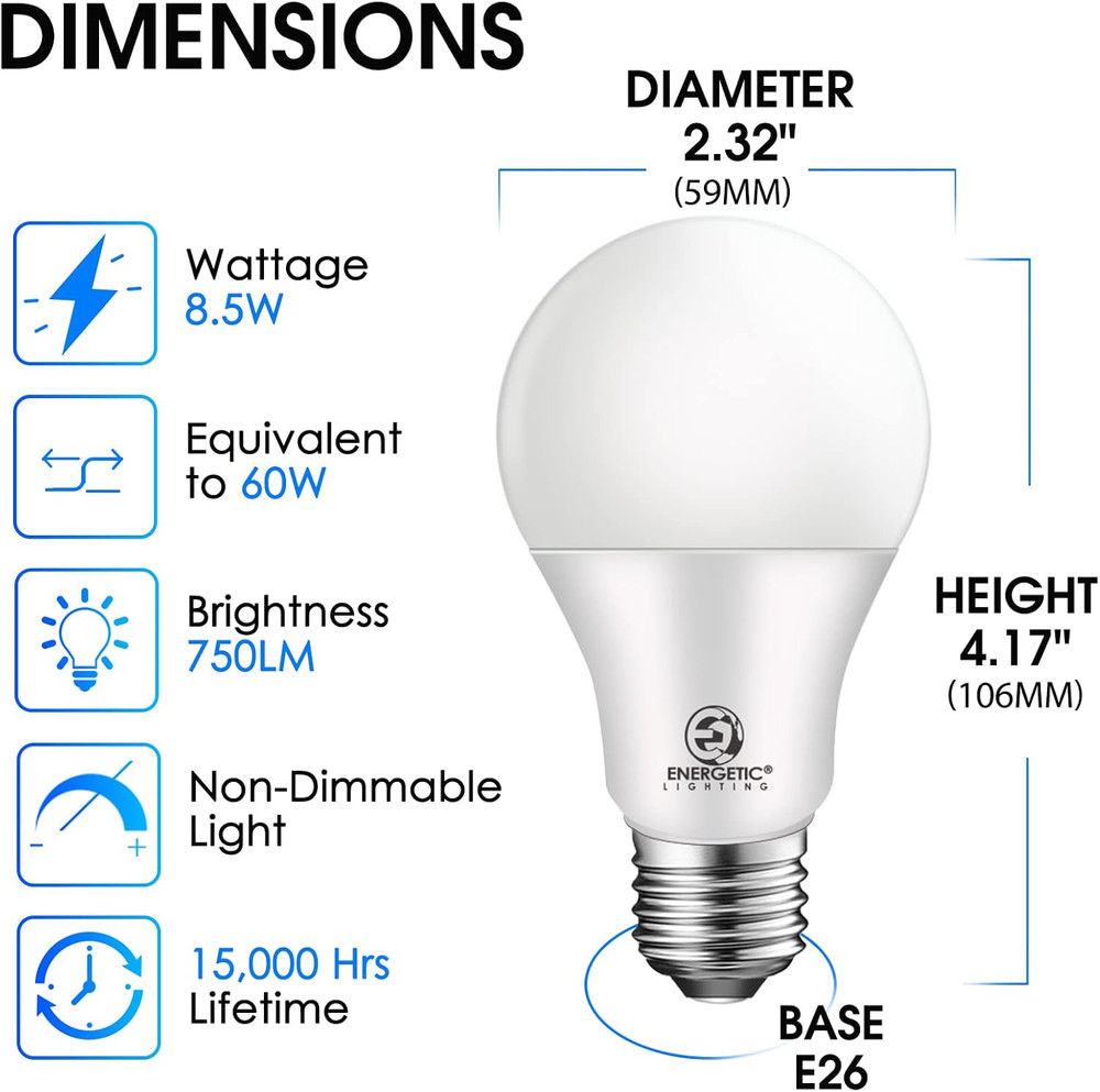 Energetic 60W Equivalent, A19 LED Light Bulb, 3000K Warm White, E26 Medium Base,