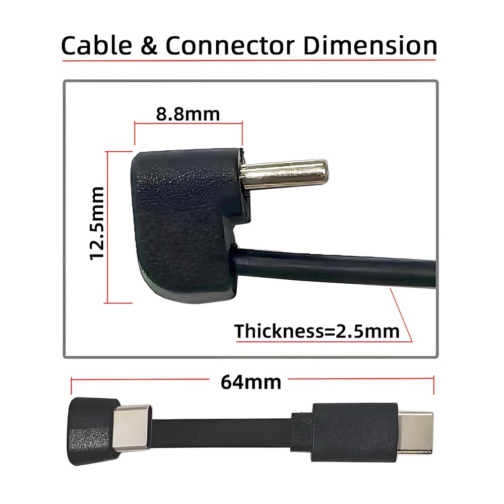 USB C Short Flat Cable 180 Degree Angled PD 65W Fast Charge Data Cable 64MM