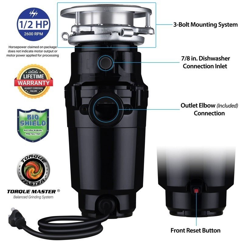 1/2 HP Garbage Disposal Continuous Feed Anti-Jam Bio-Shield Compact Design New