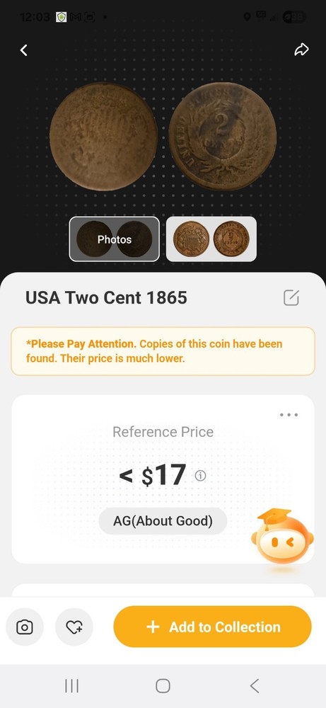1865 "Union Shield" Copper Two-Cent Coin, AG Condition GUARANTEED AUTHENTIC!