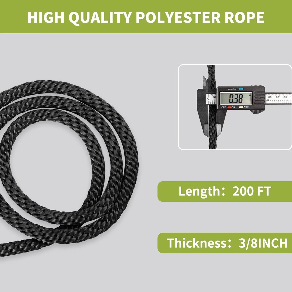 3/8'' 200' Black Polyester Solid Braid Rope