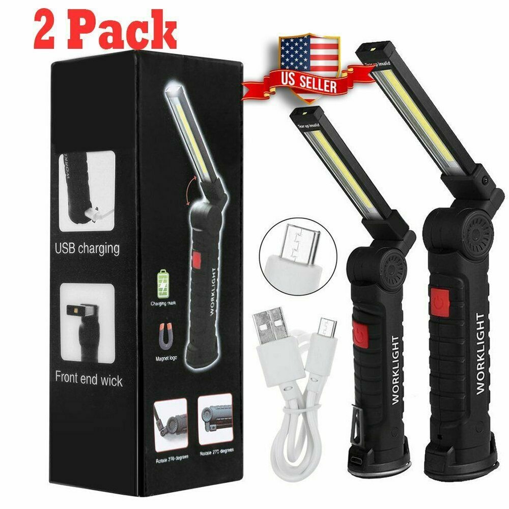 2 Rechargeable COB LED Slim Work Light Lamp Flashlight Inspect Folding Torch USA