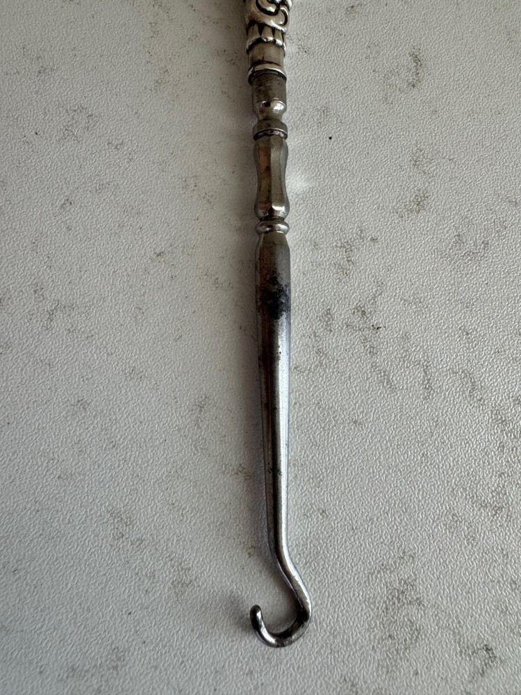 Antique Sterling Silver Handle Button Hook w/ Scrolling Decoration