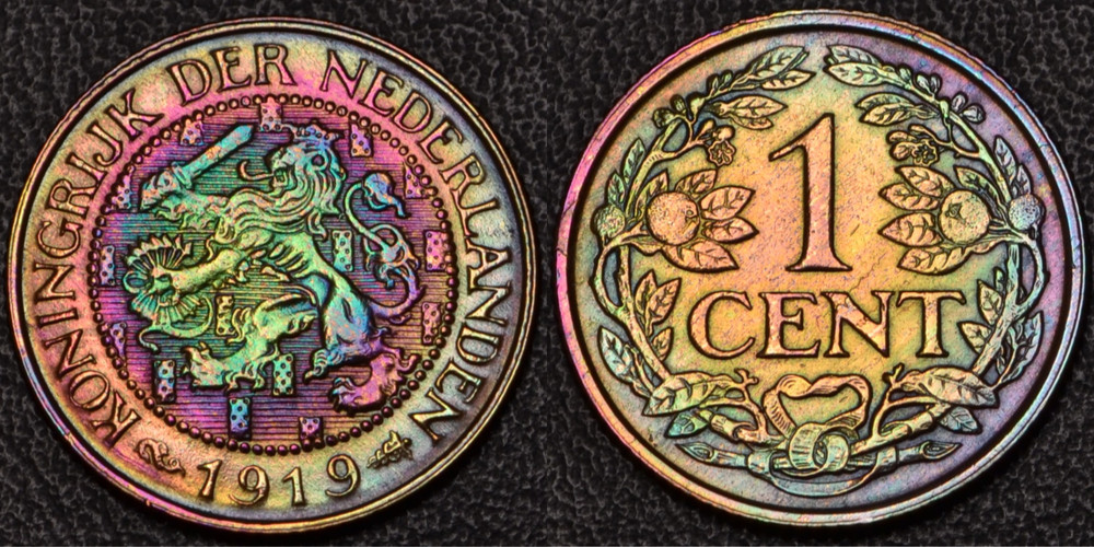 1919 Netherlands 1 Cent rainbow toning **SHARP DETAILS** (60-75)