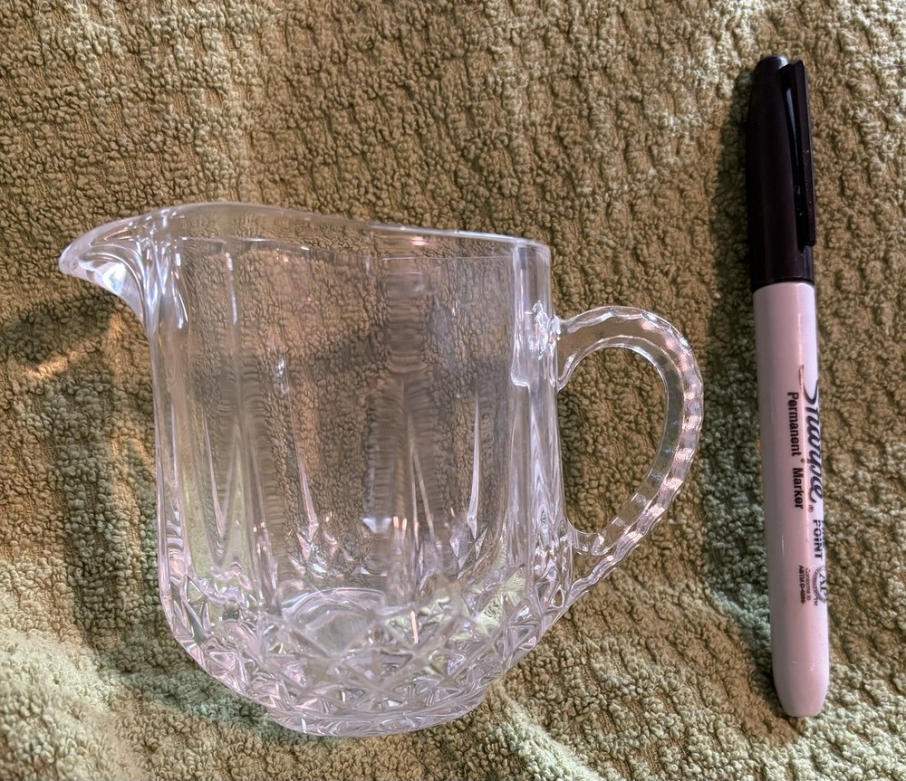 Pressed Glass Creamer Clear Diamond Pattern Glossy Round Handle Single Unboxed