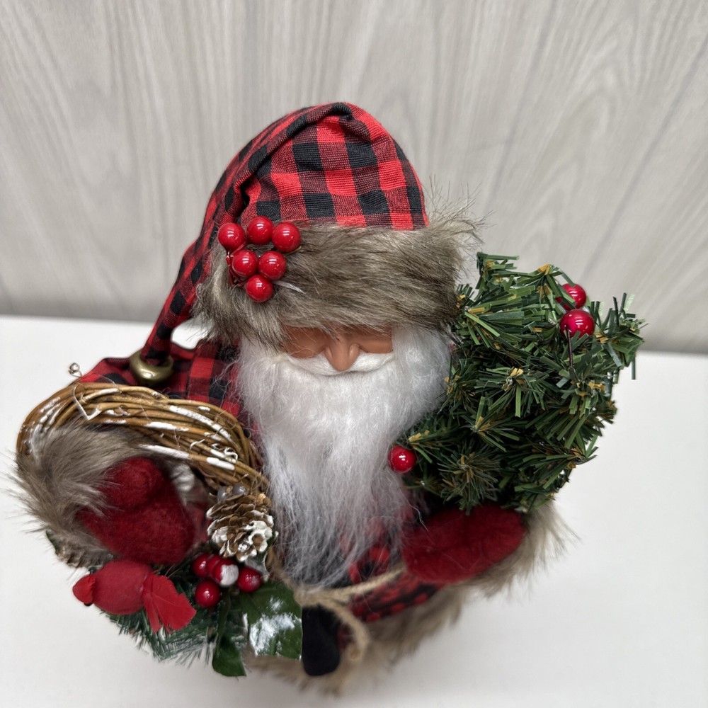 15" Plaid Black Bear Santa - Red