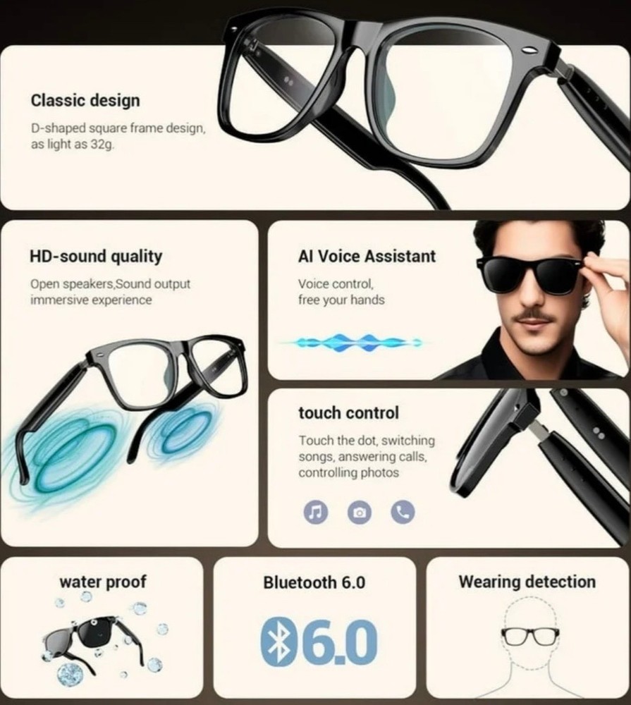 bluetooth speaker glasses - clear lens, black frame