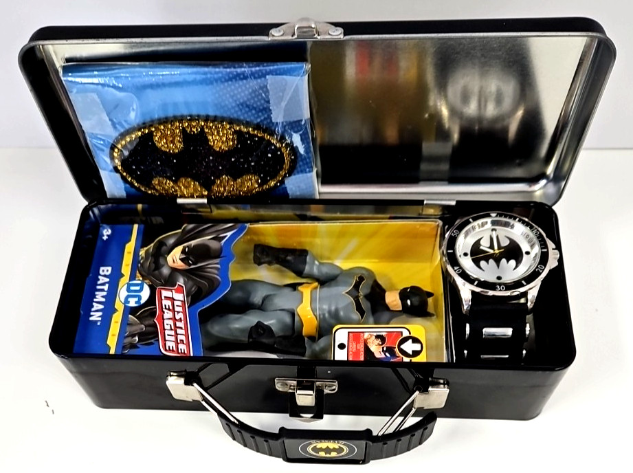 DC Comics Batman Tin with Watch (needs battery), Action Figure, & Window Decal