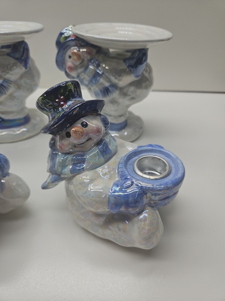 4 Blue Snowman Candle Holders