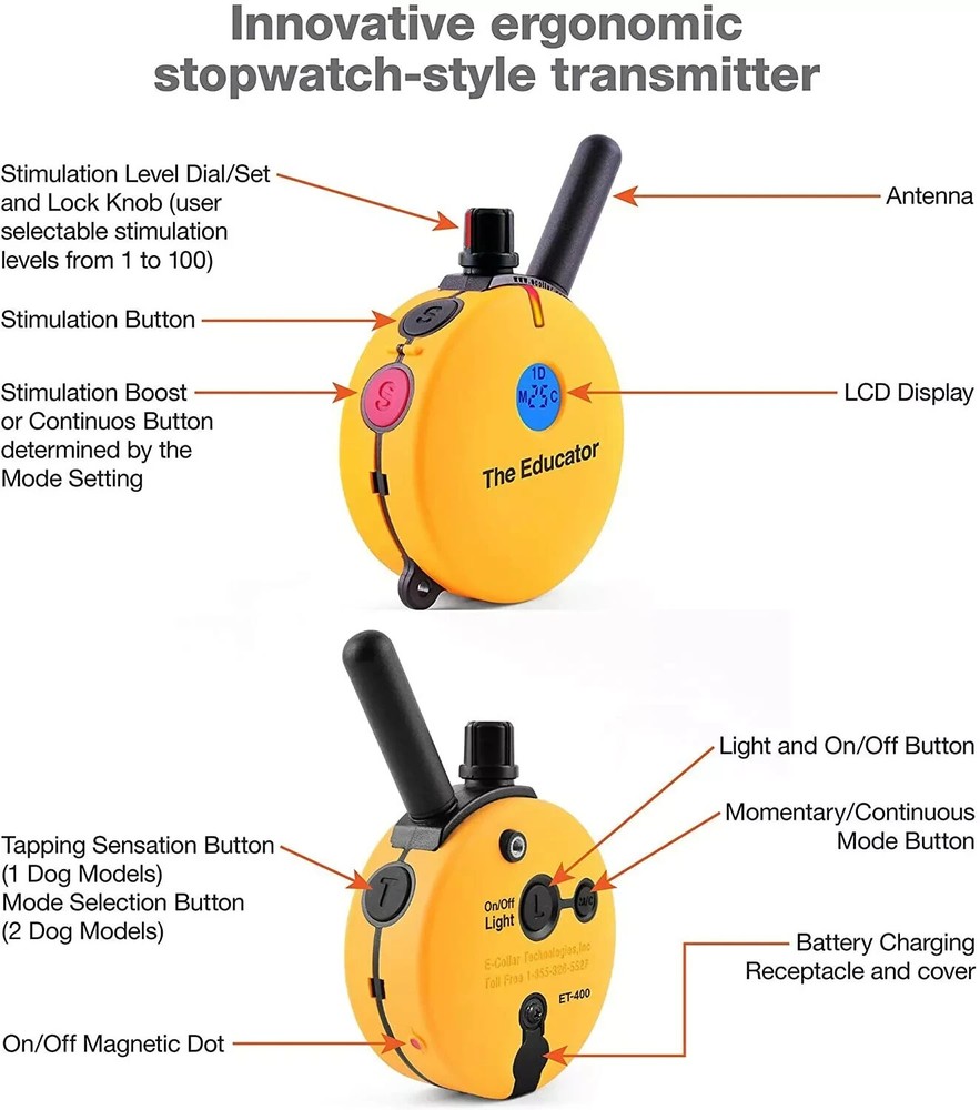E-Collar ET-400 Educator Replacement TRANSMITTER ONLY- Yellow FREE Clicker!