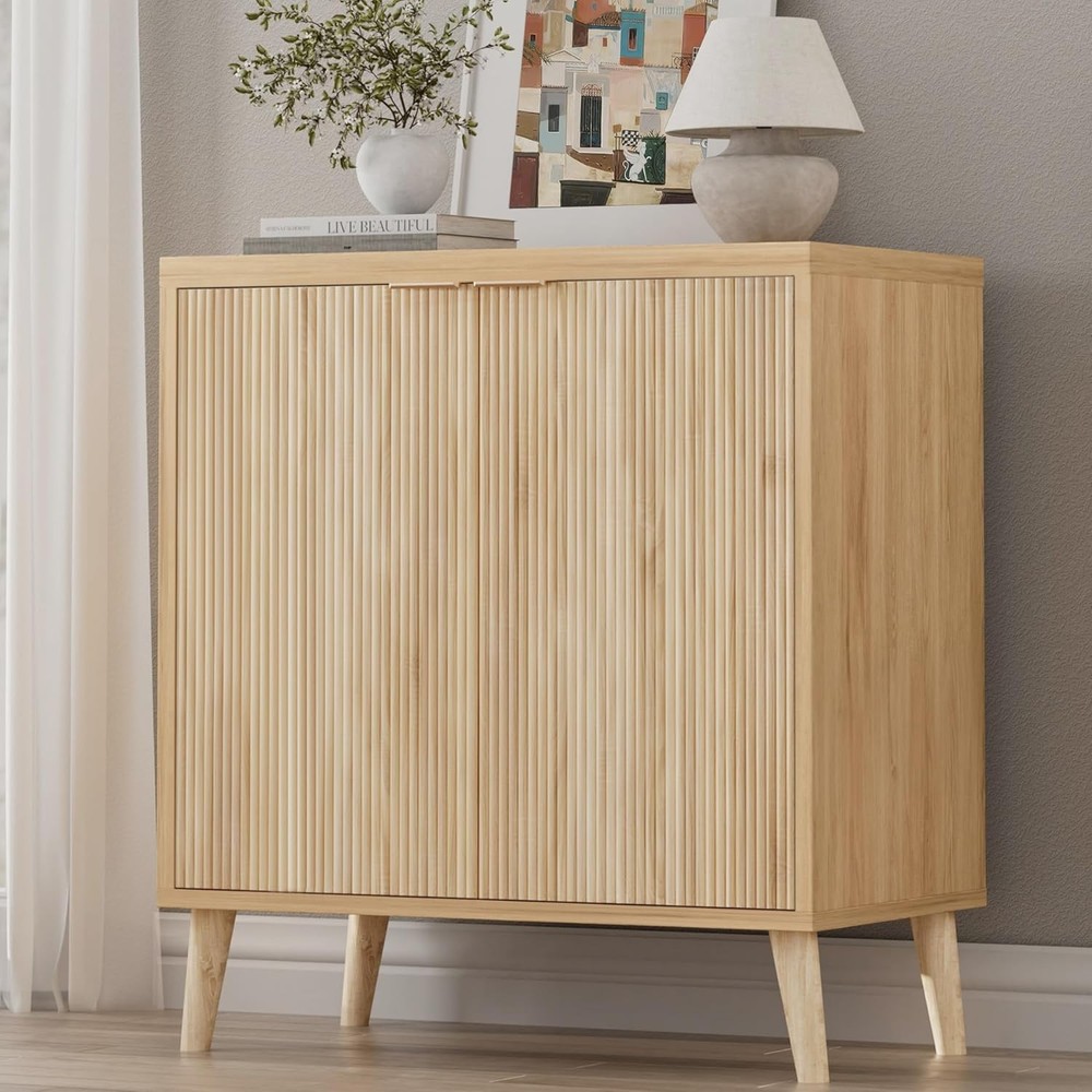 Buffet Cabinet W/ Storage Modern Fluted Accent Sideboard W/ Doors & Adjustable