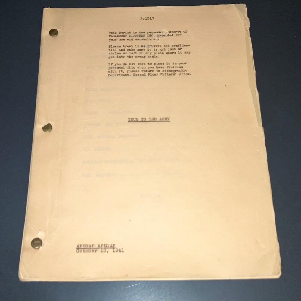 Original 1941 True to the Army Movie Script Paramount Sequence Drafts Archive CO