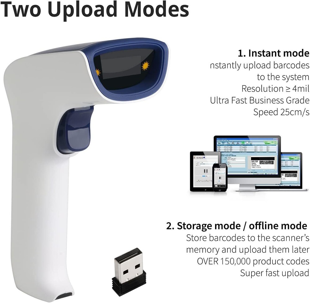 Wireless, Rechargeable Bluetooth 3-in-1 Handheld Barcode Scanner USB Barcode/QR