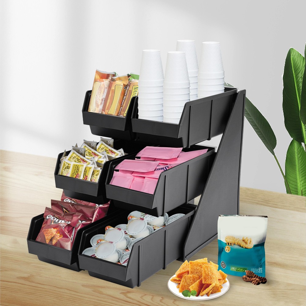 6 Compartments Upright Breakroom Coffee Condiment Storage Organizer Bin 3-Tier
