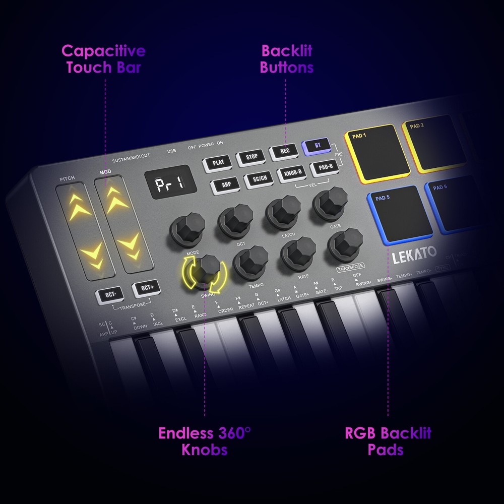 LEKATO 25 Key MIDI Keyboard Bluetooth Wireless USB Controller 8 Drum Pads SMK-25