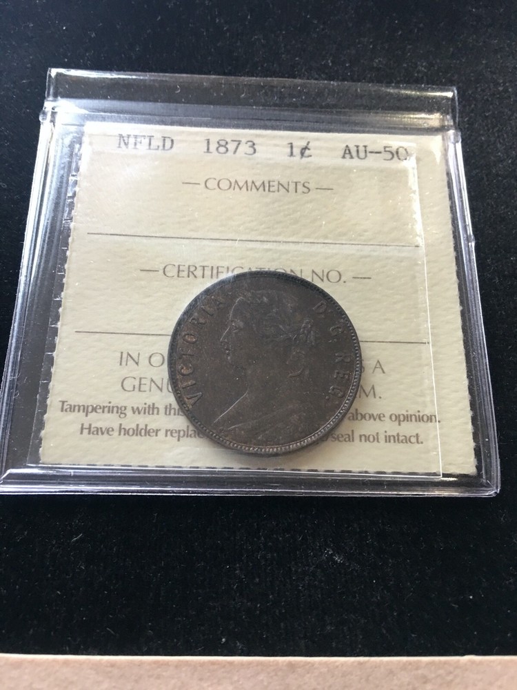 1873  ICCS Graded Newfoundland, Large One Cent, **AU-50**