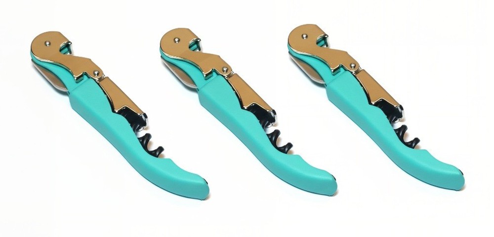 3 Pack Sky Blue Waiters Corkscrew Wine Key Double Hinge Soft Touch Opener