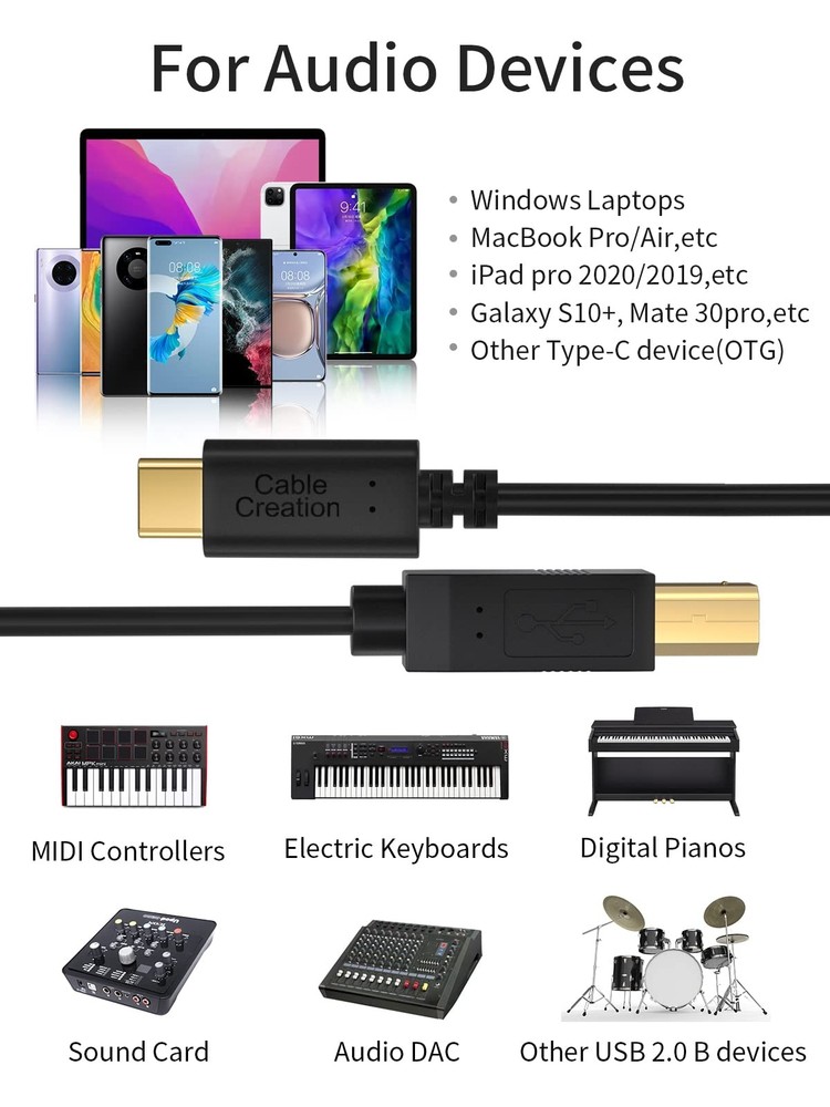 CableCreation USB C to B Printer & Scanner Cable - 10FT, MIDI Black