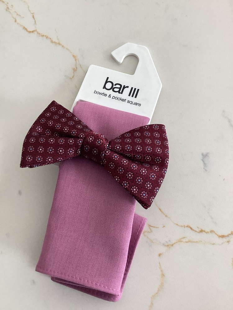 Bar III Men's Sondley Bow Tie & Solid Pocket Square Set NWT