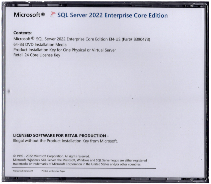 Microsoft SQL Server 2022 Enterprise with 24 Core License, unlimited User CALs