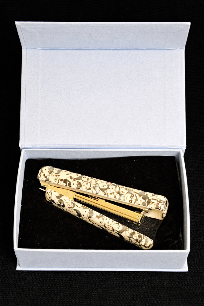 Lanvin Paris Mini Stapler Faces Pattern Designer Luxury Desk Accessory w/ Box