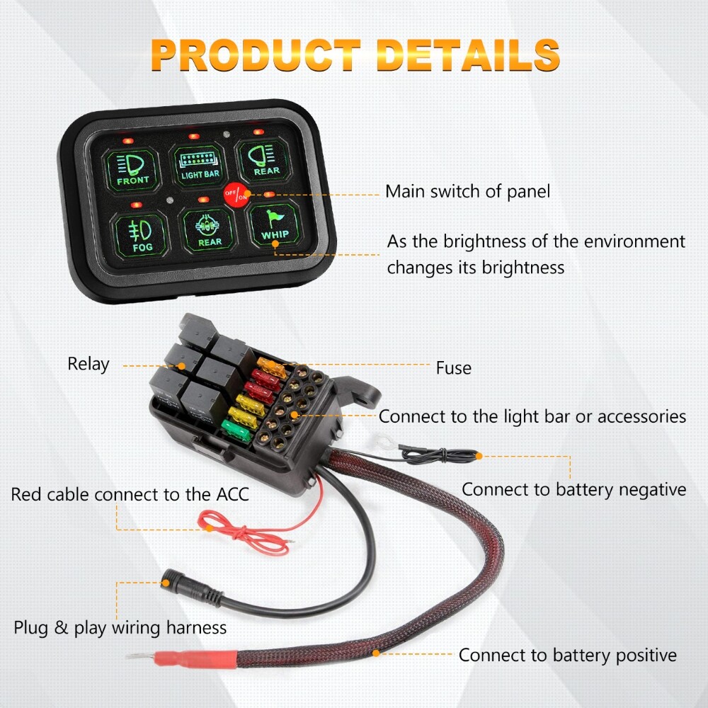 AUXBEAM 6 Gang Switch Panel LED Light Electronic Relay Circuit Control System