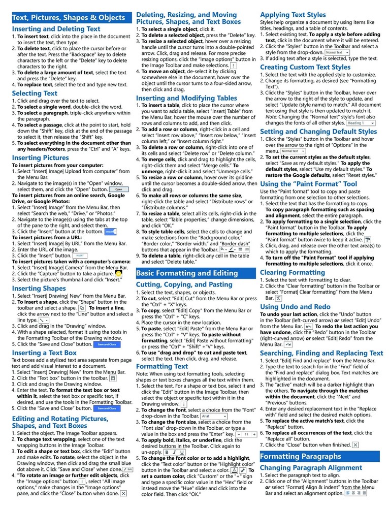 Google Docs Training Guide Quick Reference Card 4 Page Cheat Sheet Instructions