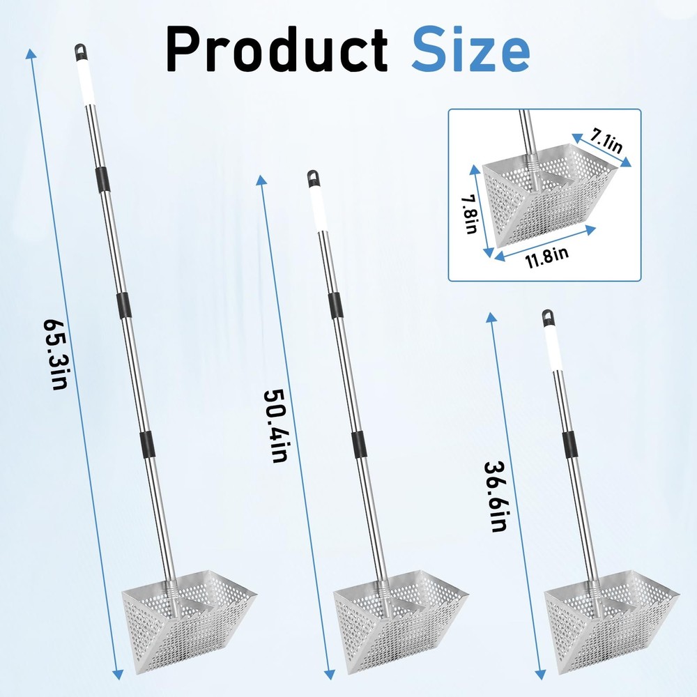 Sand Flea Rake, Long Handle Sifter with 65-Inch Pole - Stainless Silver