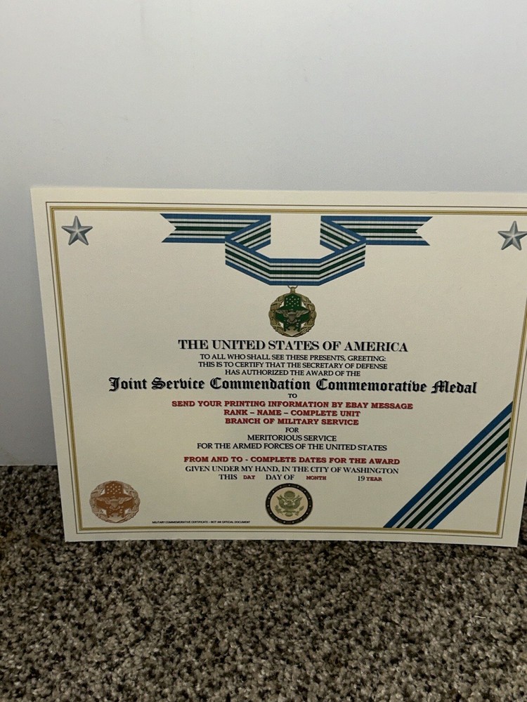 JOINT SERVICE COMMENDATION MEDAL COMMEMORATIVE CERTIFICATE ~TYPE-2 w/PRINTING