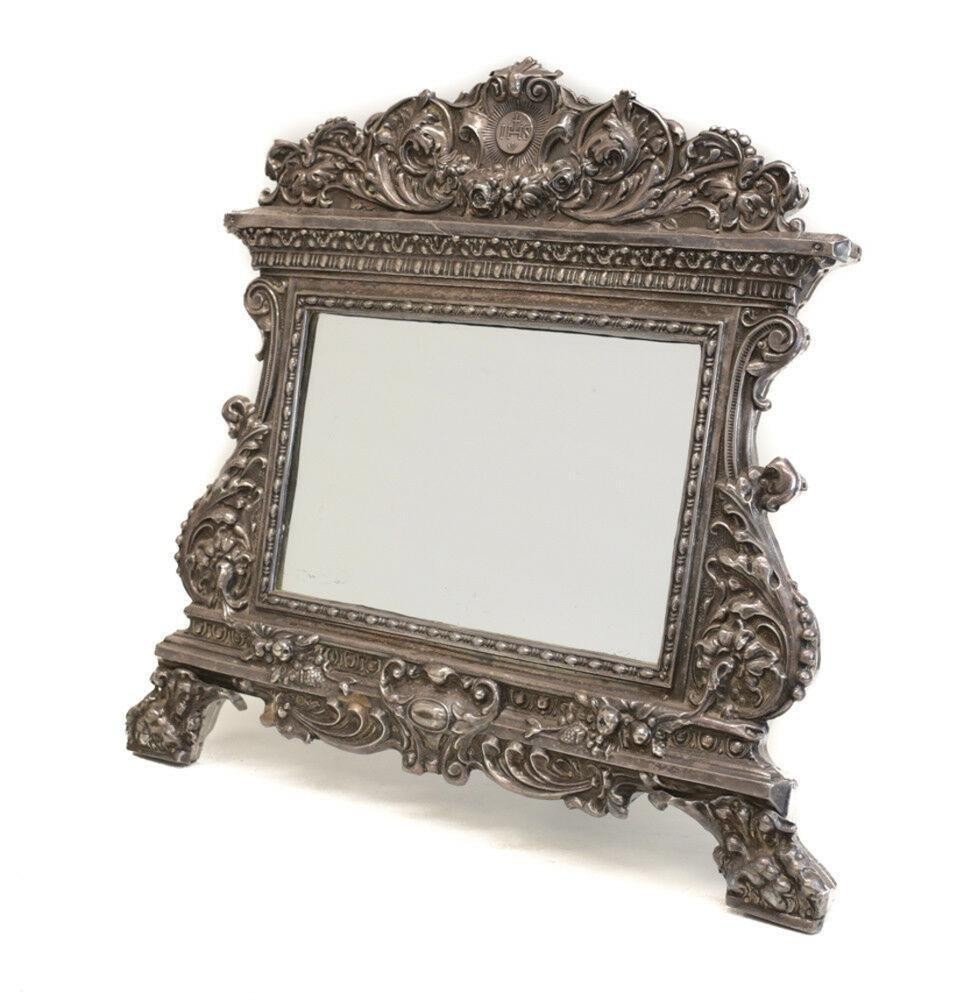 Sterling Silver Repousse Footed Table Mirror Catholic IHS