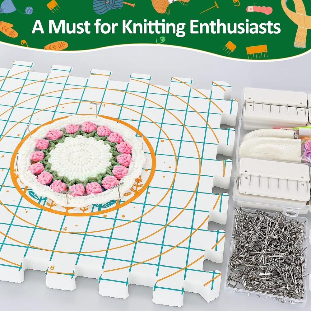 9 Pcs Blocking Mats for Knitting, Extra Thick Blocking Boards with Grids, wit...