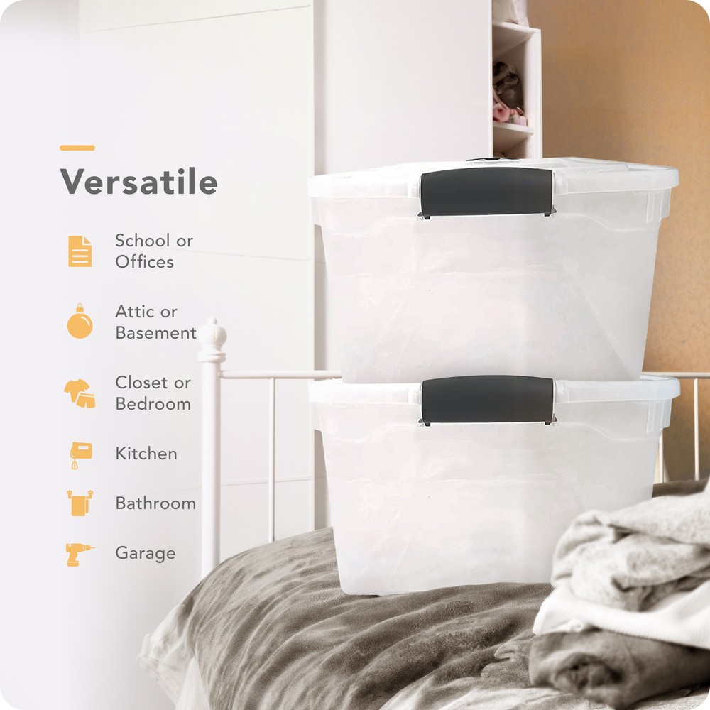 Homz 64Qt Stackable Plastic Storage Bin Container Box w/Latch Lid, Clear(2 Pack)