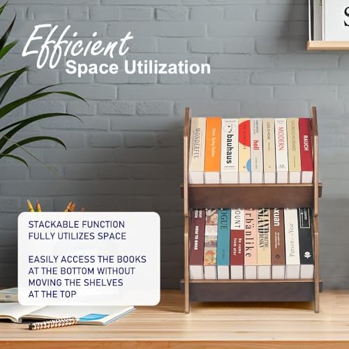 2 Pack Desktop Bookshelf, Stackable Book Organizer 2 Pack Brown Medium Size