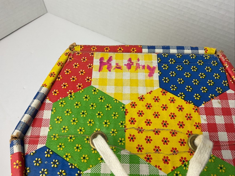 Patchwork Print Sewing Box with Tray Vintage 70s Hexagon Shape Storage