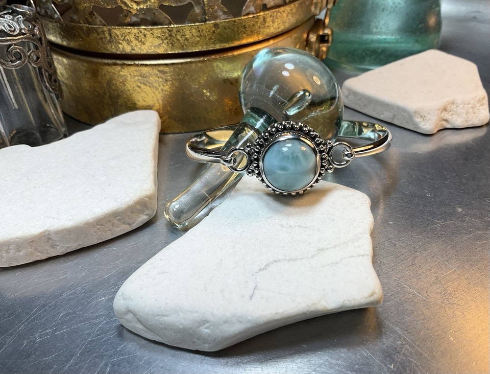 Genuine 925 Sterling Silver Larimar Gemstone Solid Clasp Bangle