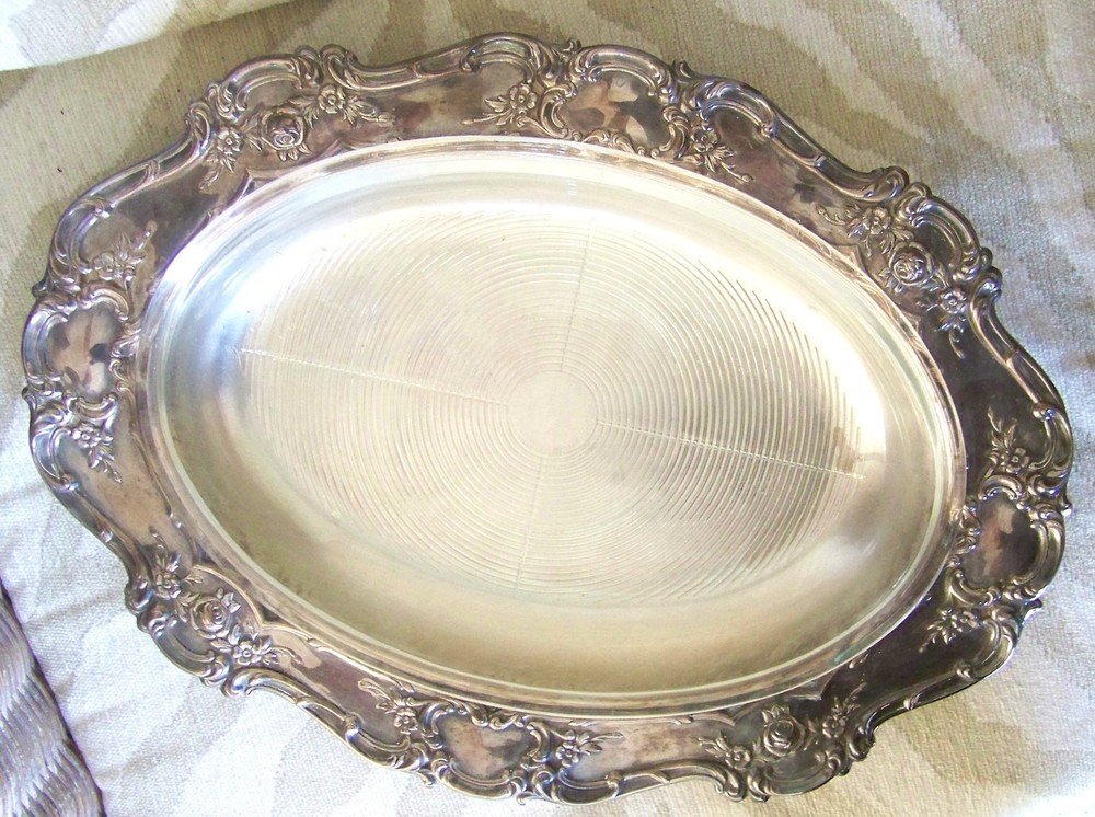Vtg TOWLE SILVERPLATE OVAL Serving Tray ROSEBUD SCROLLWORK & PYREX Baking Dish