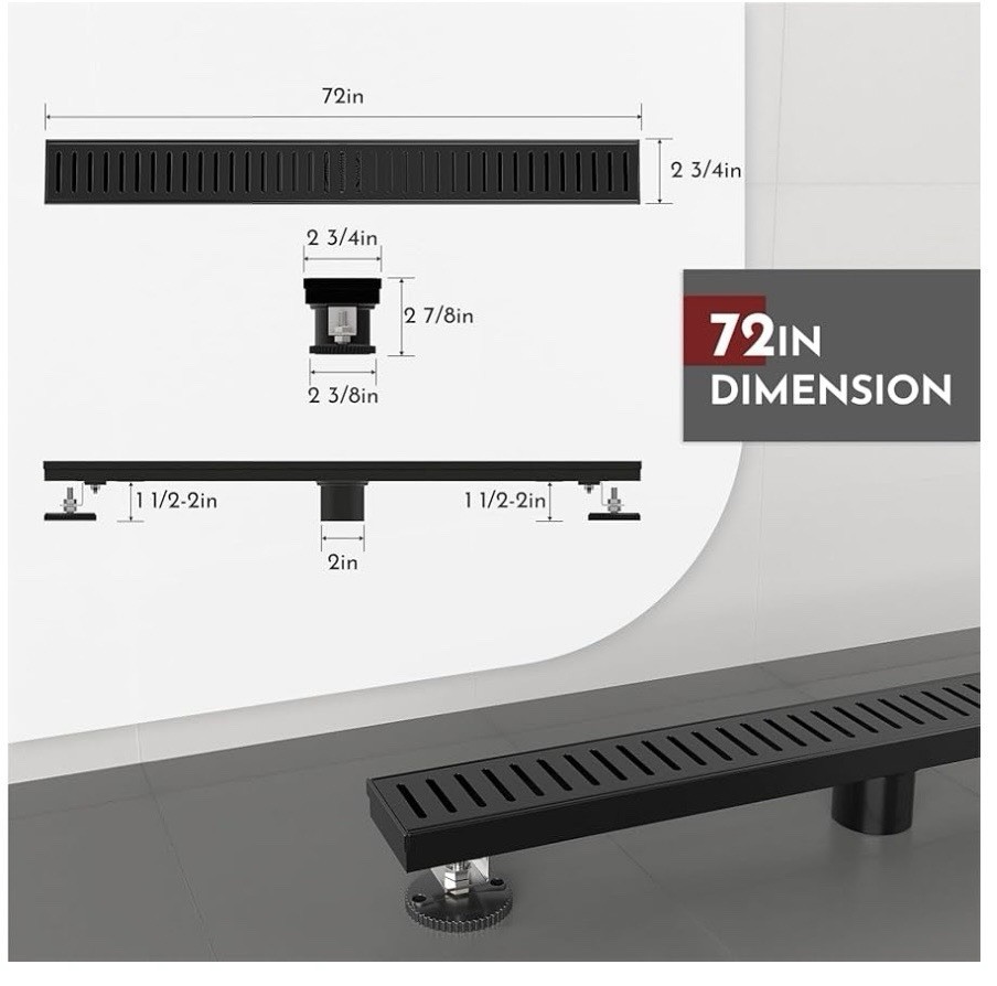 72 Inch Rectangular Matte Black Metal Shower Drain Grate