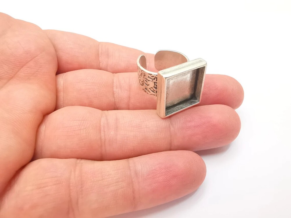Square Antique Silver Ring Blank Setting, Cabochon Mounting, Adjustable Resin