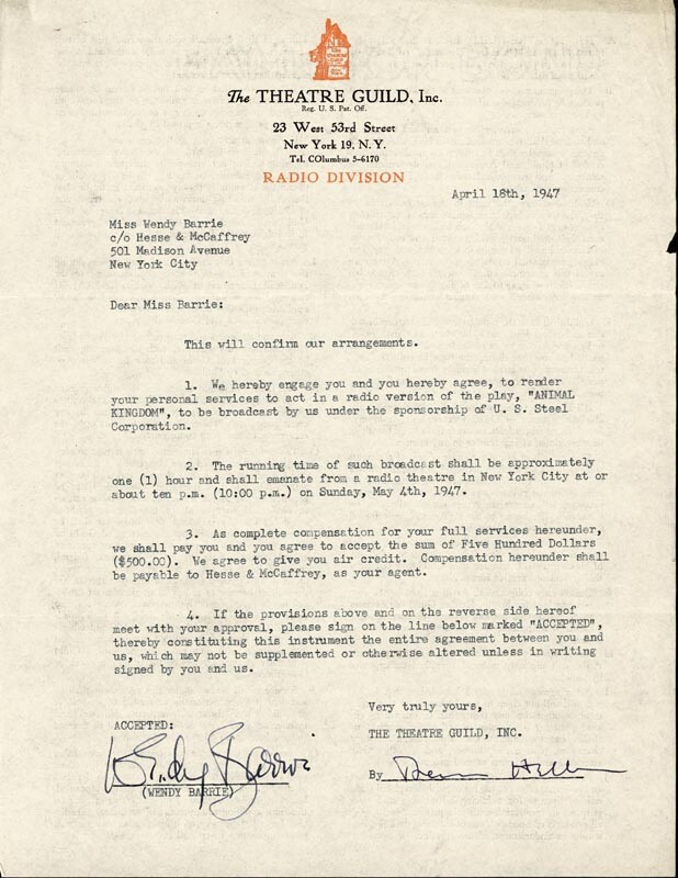 WENDY BARRIE - CONTRACT SIGNED 04/18/1947