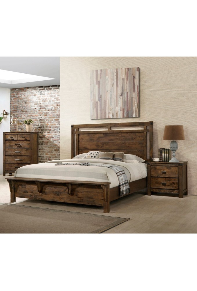 3pc Rustic Style Bedroom Set Brown Queen Panel Bed Chest Nightstand Solid Wood