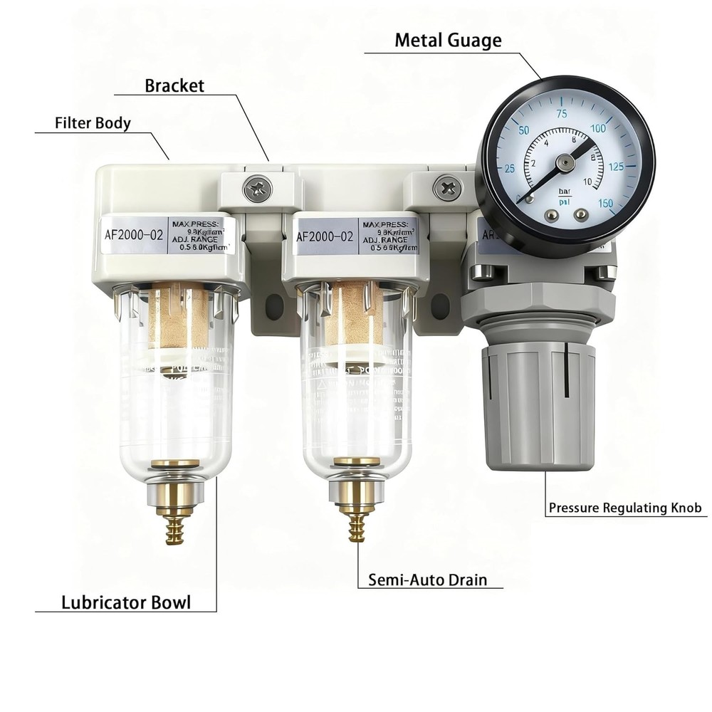 1/4" NPT Compressed Air Filter Regulator Lubricator Combo-Double,Semi-Auto Drain