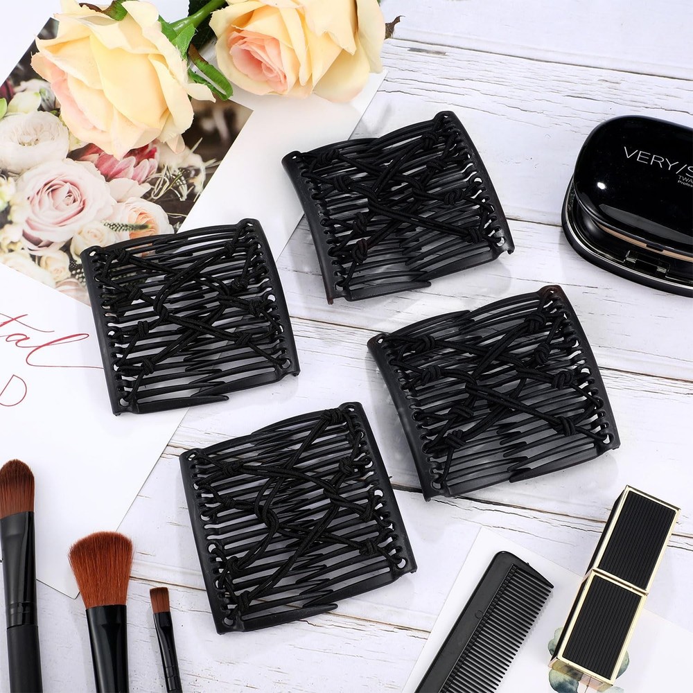 4 Pieces Stretchy Double Comb Adjustable Elastic Hair Large, Solid Black