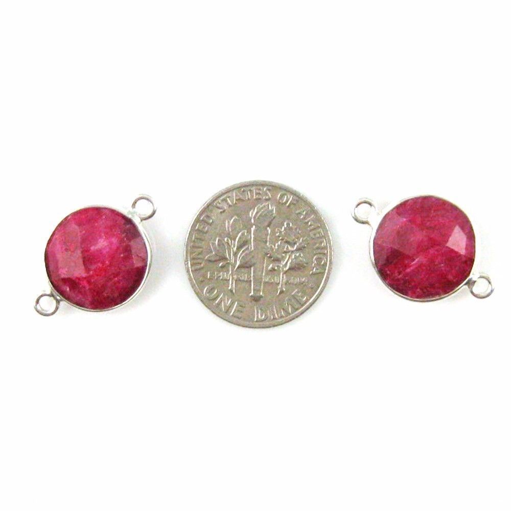Bezel Gem Links - Sterling Silver - Faceted Coin Shape - Dyed Ruby (2 Pcs)