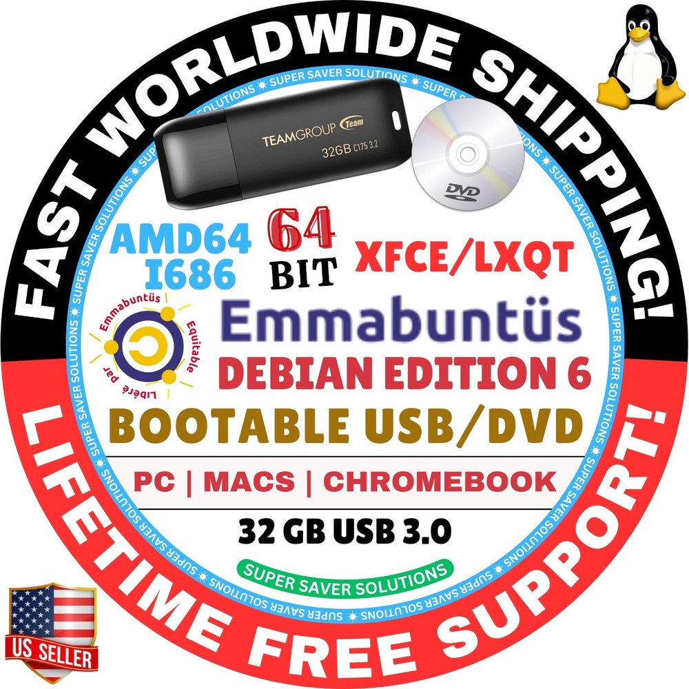 EMMABUNTUS LINUX OS LIVE BOOT USB, DVD DEBIAN UBUNTU XUBUNTU, 64bit, MAC/PC
